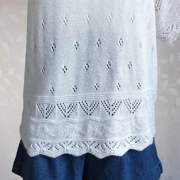 Vintage 60s College Point Pointelle Sweater Top Scallop Knit Short Sleeve Cream - Picture 7 of 13